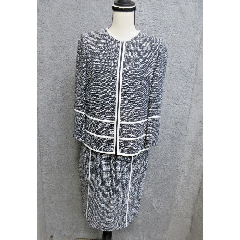 Lafayette 148 New York Dress Jacket Suit Set Womens 8/S Blue‎ Tweed Piped